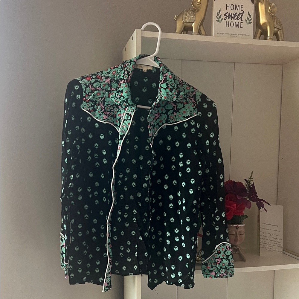 Maje Black Shirt with Green Floral Accents